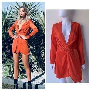 NWT NLW Orange Satin Deep Plunge Wrap Dress Medium